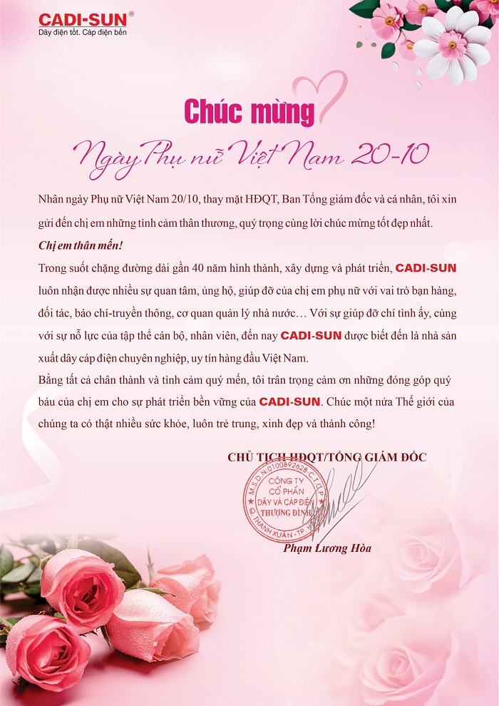 Thư chúc mừng ngày Phụ nữ Việt Nam của Tổng Giám đốc